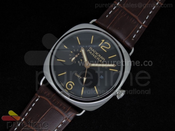PAM421 3 Days GMT SS Black Dial on Brown Leather Strap