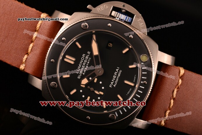 Panerai Luminor Submersible 1950's Amagnetic 3 Days Automatic Titanio PAM00389 Black Dial Brown Leather Titanium Watch